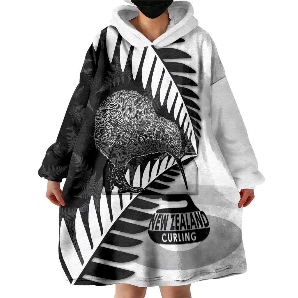 New Zealand Silver Fern Curling Personalised Wearable Blanket Hoodie Aotearoa Kiwi Ponga Black White Version - Polynesian Pride