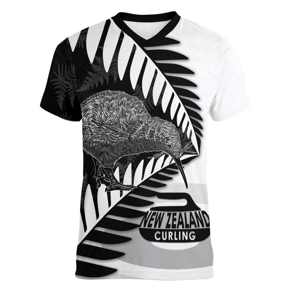 New Zealand Silver Fern Curling Personalised Women V-Neck T-Shirt Aotearoa Kiwi Ponga Black White Version LT14 Female Black - Polynesian Pride
