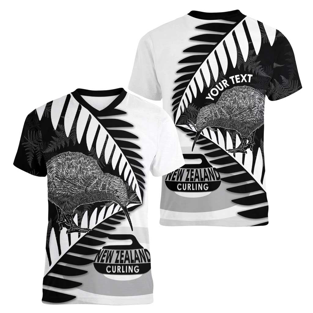 New Zealand Silver Fern Curling Personalised Women V-Neck T-Shirt Aotearoa Kiwi Ponga Black White Version LT14 - Polynesian Pride