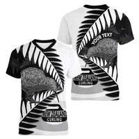 New Zealand Silver Fern Curling Personalised Women V-Neck T-Shirt Aotearoa Kiwi Ponga Black White Version LT14 - Polynesian Pride