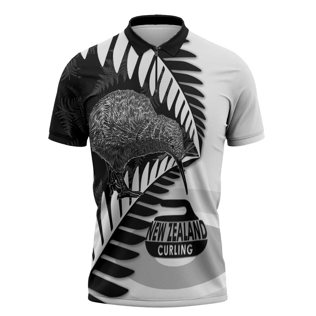 New Zealand Silver Fern Curling Personalised Zipper Polo Shirt Aotearoa Kiwi Ponga Black White Version - Polynesian Pride
