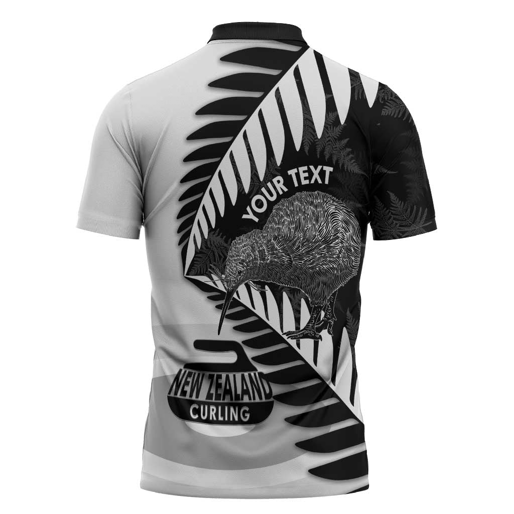 New Zealand Silver Fern Curling Personalised Zipper Polo Shirt Aotearoa Kiwi Ponga Black White Version - Polynesian Pride