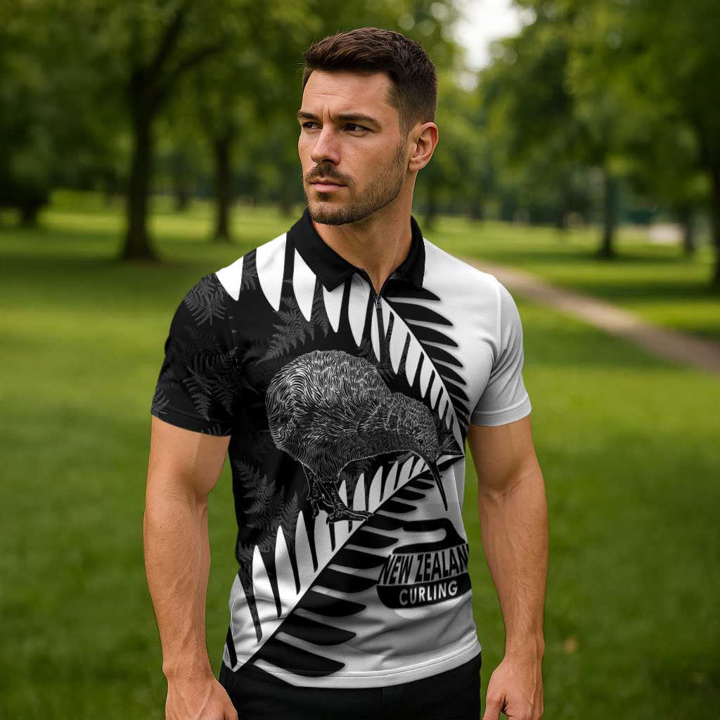 New Zealand Silver Fern Curling Personalised Zipper Polo Shirt Aotearoa Kiwi Ponga Black White Version - Polynesian Pride