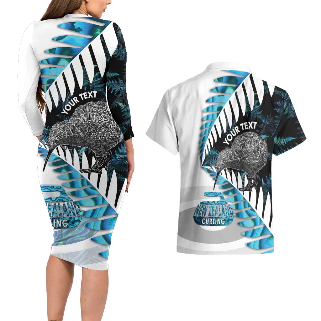 New Zealand Silver Fern Curling Personalised Couples Matching Long Sleeve Bodycon Dress and Hawaiian Shirt Aotearoa Kiwi Ponga Paua Shell Version LT14 - Polynesian Pride