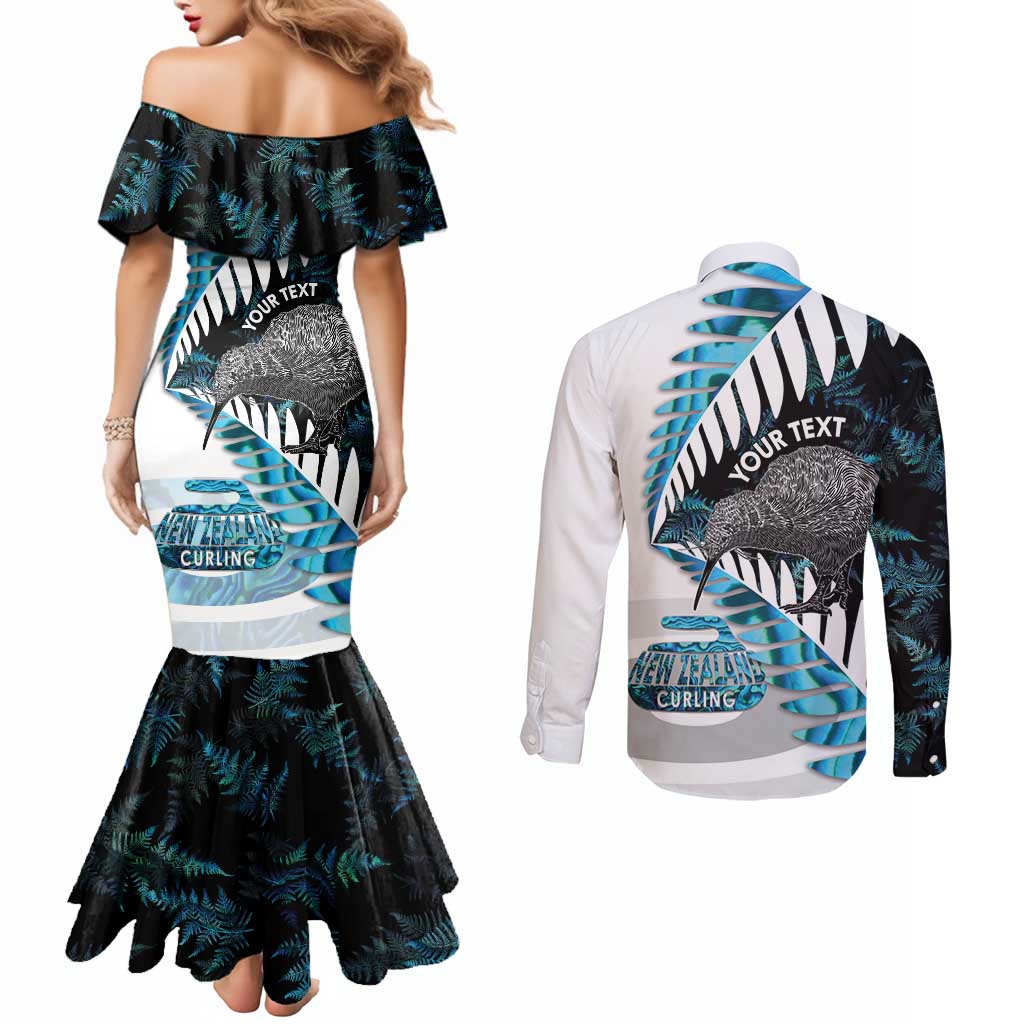 New Zealand Silver Fern Curling Personalised Couples Matching Mermaid Dress and Long Sleeve Button Shirt Aotearoa Kiwi Ponga Paua Shell Version LT14 - Polynesian Pride