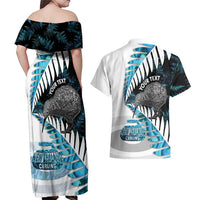 New Zealand Silver Fern Curling Personalised Couples Matching Off Shoulder Maxi Dress and Hawaiian Shirt Aotearoa Kiwi Ponga Paua Shell Version LT14 - Polynesian Pride
