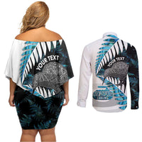 New Zealand Silver Fern Curling Personalised Couples Matching Off Shoulder Short Dress and Long Sleeve Button Shirt Aotearoa Kiwi Ponga Paua Shell Version - Polynesian Pride