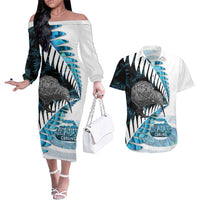 New Zealand Silver Fern Curling Personalised Couples Matching Off The Shoulder Long Sleeve Dress and Hawaiian Shirt Aotearoa Kiwi Ponga Paua Shell Version LT14 Black - Polynesian Pride