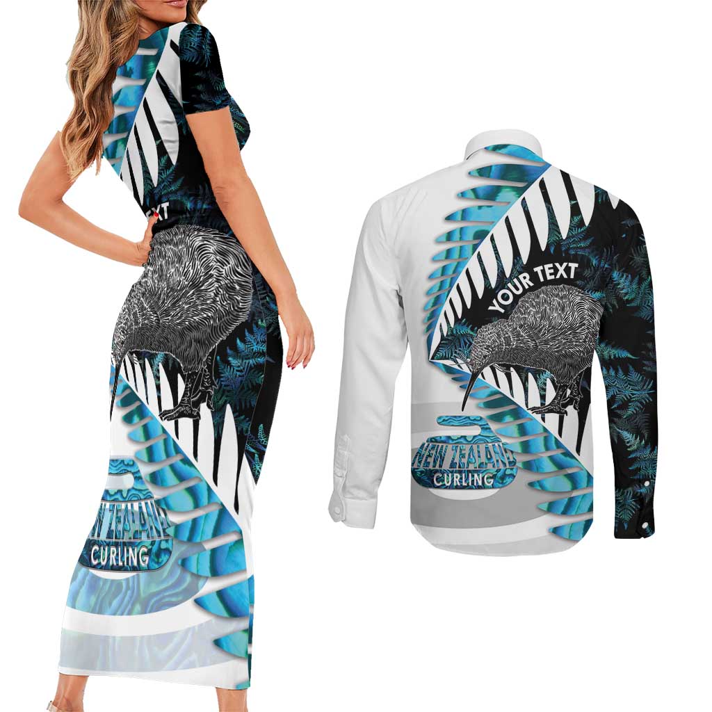 New Zealand Silver Fern Curling Personalised Couples Matching Short Sleeve Bodycon Dress and Long Sleeve Button Shirt Aotearoa Kiwi Ponga Paua Shell Version LT14 - Polynesian Pride