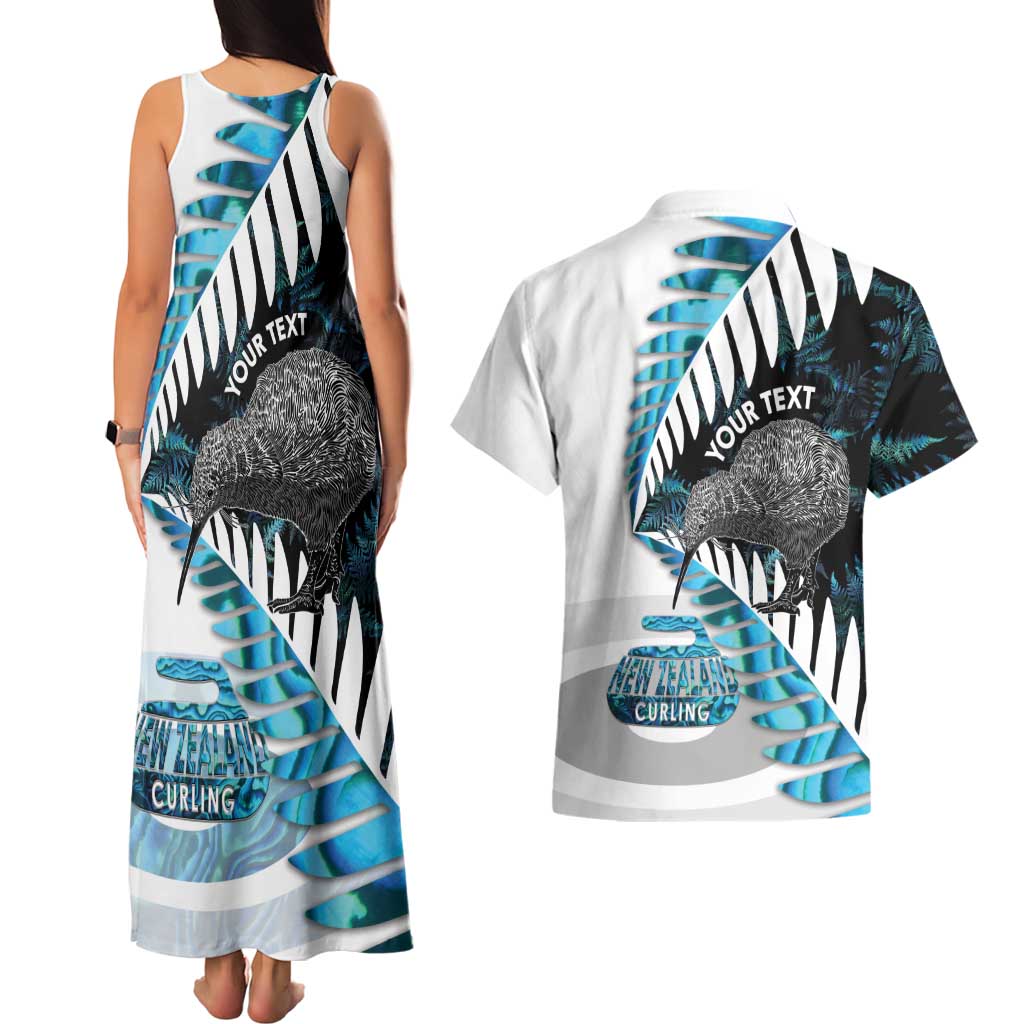 New Zealand Silver Fern Curling Personalised Couples Matching Tank Maxi Dress and Hawaiian Shirt Aotearoa Kiwi Ponga Paua Shell Version LT14 - Polynesian Pride