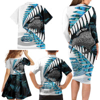 New Zealand Silver Fern Curling Personalised Family Matching Long Sleeve Bodycon Dress and Hawaiian Shirt Aotearoa Kiwi Ponga Paua Shell Version LT14 - Polynesian Pride