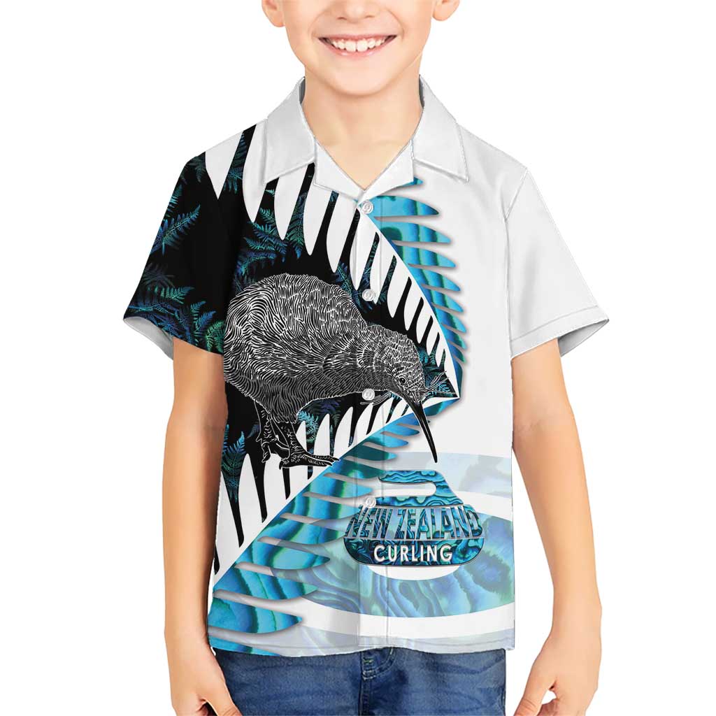 New Zealand Silver Fern Curling Personalised Family Matching Off The Shoulder Long Sleeve Dress and Hawaiian Shirt Aotearoa Kiwi Ponga Paua Shell Version LT14 Son's Shirt Black - Polynesian Pride