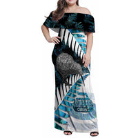 New Zealand Silver Fern Curling Personalised Family Matching Off Shoulder Maxi Dress and Hawaiian Shirt Aotearoa Kiwi Ponga Paua Shell Version LT14 Mom's Dress Black - Polynesian Pride