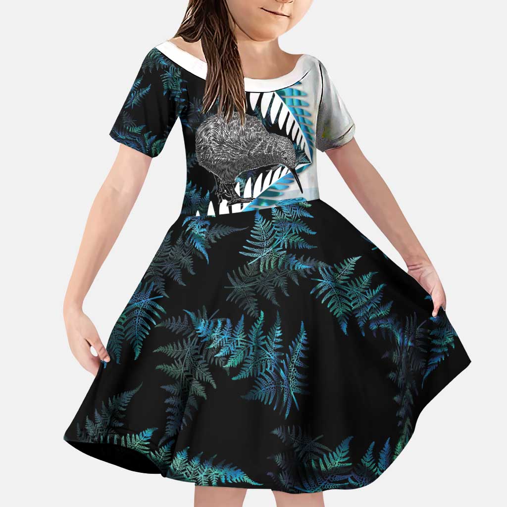 New Zealand Silver Fern Curling Personalised Family Matching Off Shoulder Short Dress and Hawaiian Shirt Aotearoa Kiwi Ponga Paua Shell Version LT14 Daughter's Dress Black - Polynesian Pride