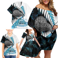 New Zealand Silver Fern Curling Personalised Family Matching Off Shoulder Short Dress and Hawaiian Shirt Aotearoa Kiwi Ponga Paua Shell Version LT14 - Polynesian Pride
