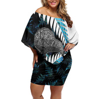 New Zealand Silver Fern Curling Personalised Family Matching Off Shoulder Short Dress and Hawaiian Shirt Aotearoa Kiwi Ponga Paua Shell Version LT14 Mom's Dress Black - Polynesian Pride
