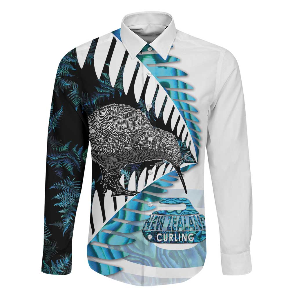 New Zealand Silver Fern Curling Personalised Family Matching Summer Maxi Dress and Hawaiian Shirt Aotearoa Kiwi Ponga Paua Shell Version LT14 Dad's Shirt - Long Sleeve Black - Polynesian Pride
