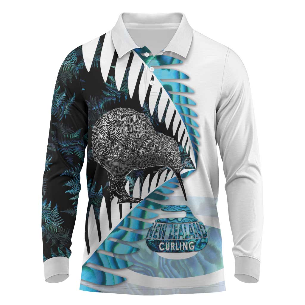 New Zealand Silver Fern Curling Personalised Long Sleeve Polo Shirt Aotearoa Kiwi Ponga Paua Shell Version - Polynesian Pride