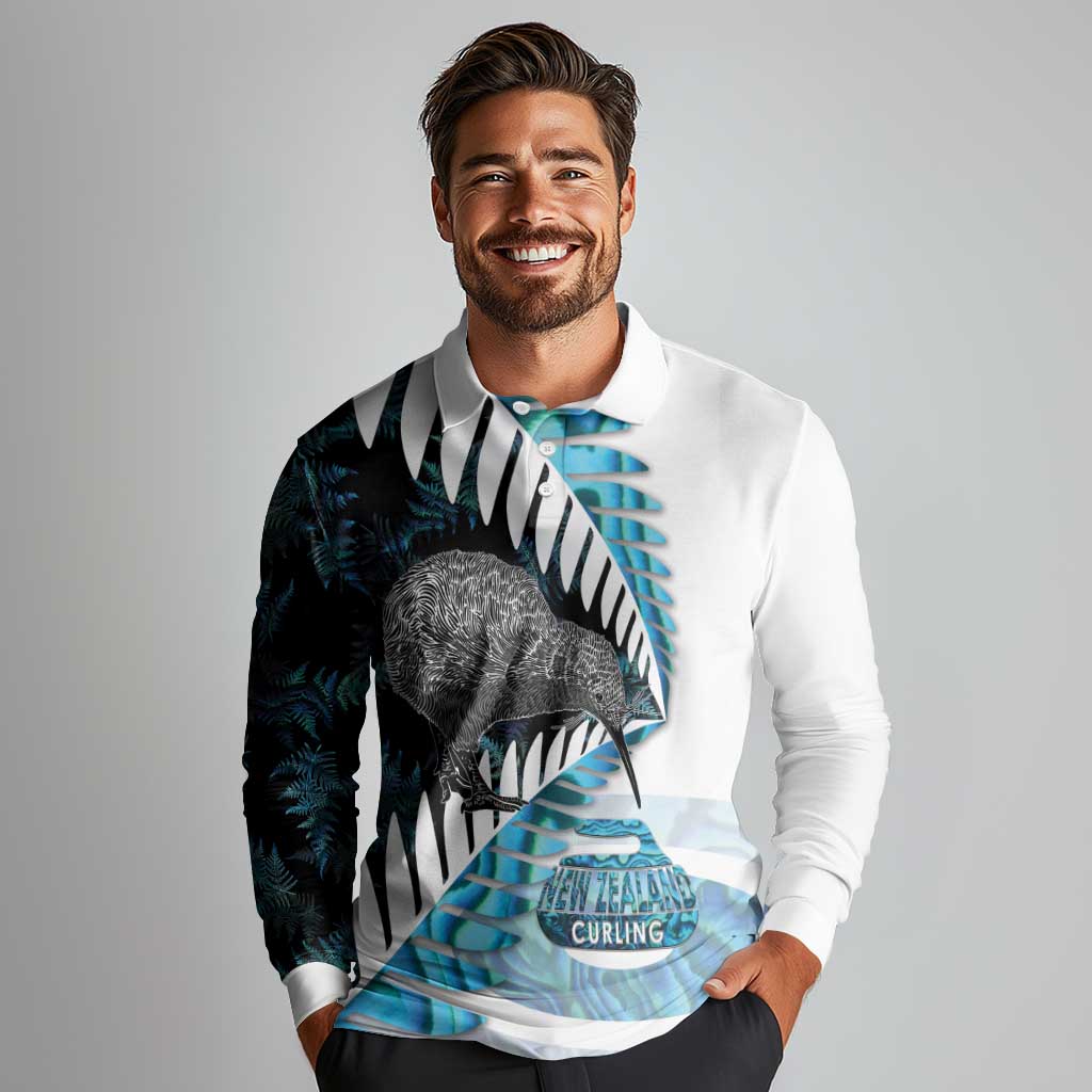 New Zealand Silver Fern Curling Personalised Long Sleeve Polo Shirt Aotearoa Kiwi Ponga Paua Shell Version - Polynesian Pride