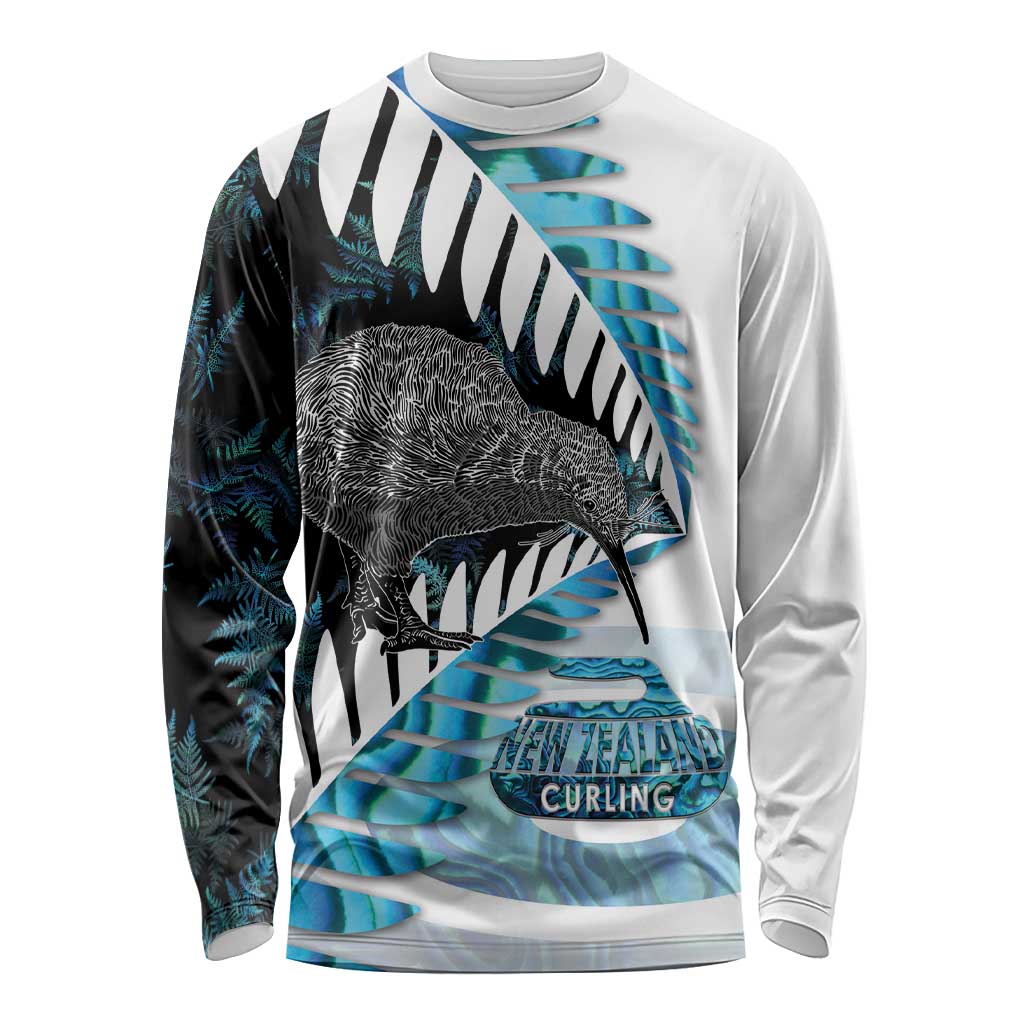 New Zealand Silver Fern Curling Personalised Long Sleeve Shirt Aotearoa Kiwi Ponga Paua Shell Version - Polynesian Pride