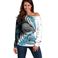 New Zealand Silver Fern Curling Personalised Off Shoulder Sweater Aotearoa Kiwi Ponga Paua Shell Version - Polynesian Pride