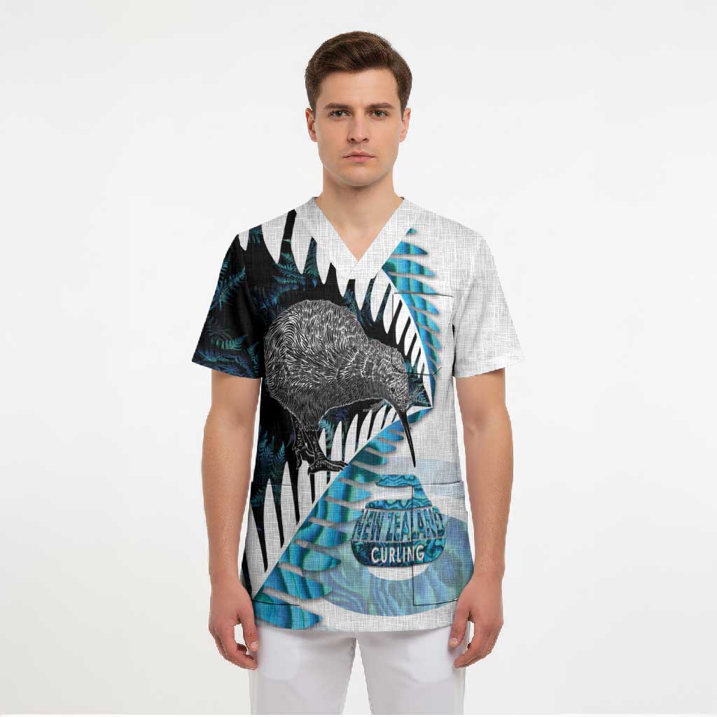 New Zealand Silver Fern Curling Personalised Scrub Top Aotearoa Kiwi Ponga Paua Shell Version - Polynesian Pride