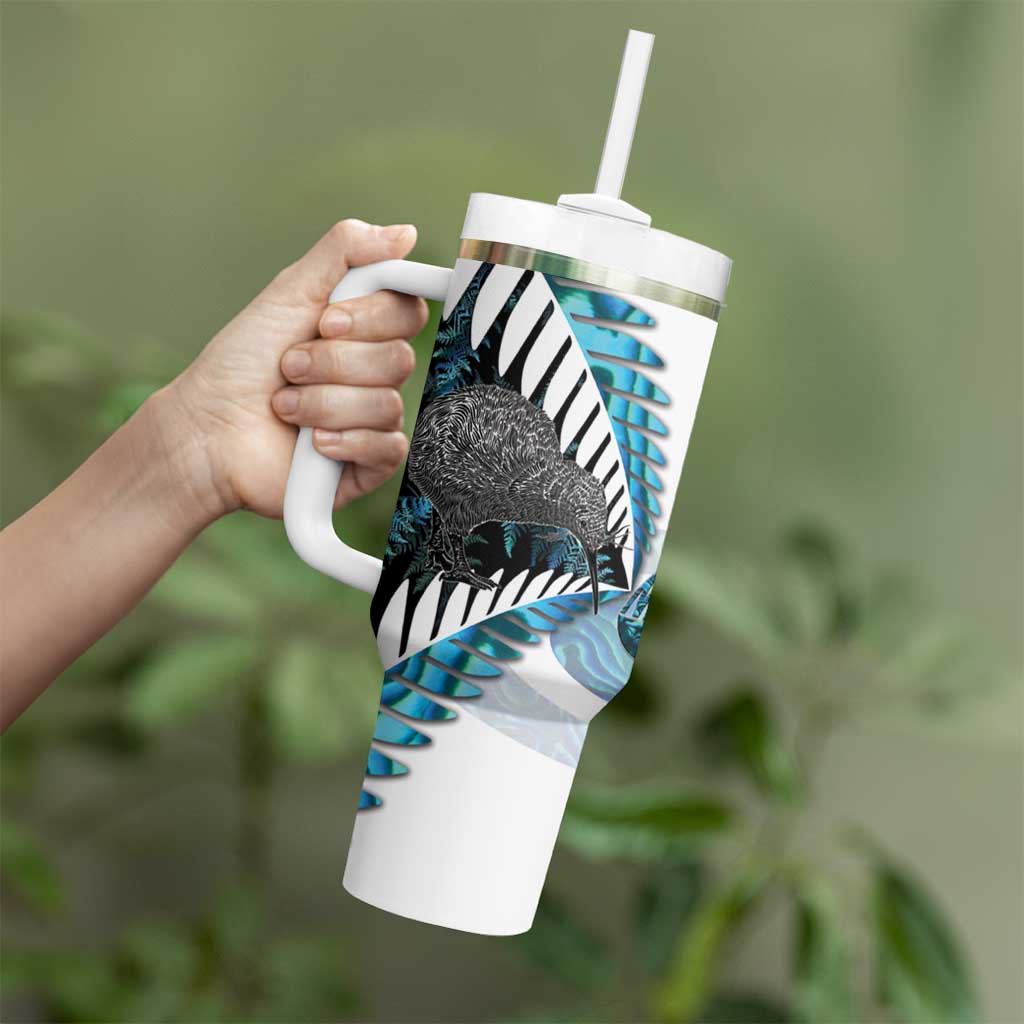 New Zealand Silver Fern Curling Personalised Tumbler With Handle Aotearoa Kiwi Ponga Paua Shell Version - Polynesian Pride
