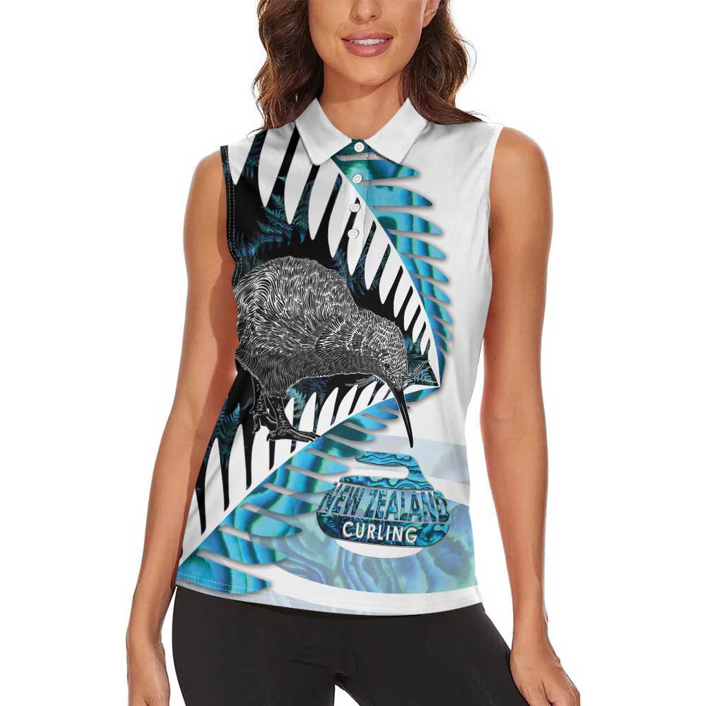 New Zealand Silver Fern Curling Personalised Women Sleeveless Polo Shirt Aotearoa Kiwi Ponga Paua Shell Version LT14 - Polynesian Pride