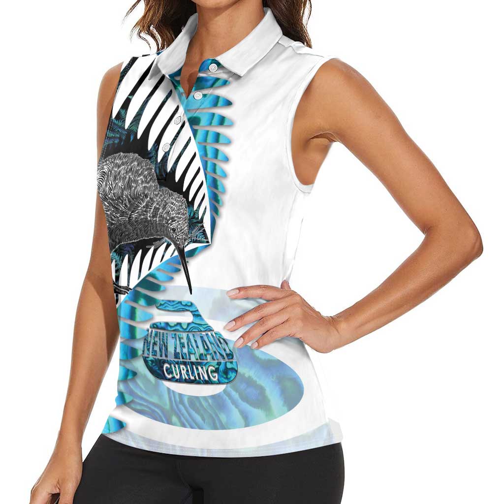 New Zealand Silver Fern Curling Personalised Women Sleeveless Polo Shirt Aotearoa Kiwi Ponga Paua Shell Version LT14 - Polynesian Pride