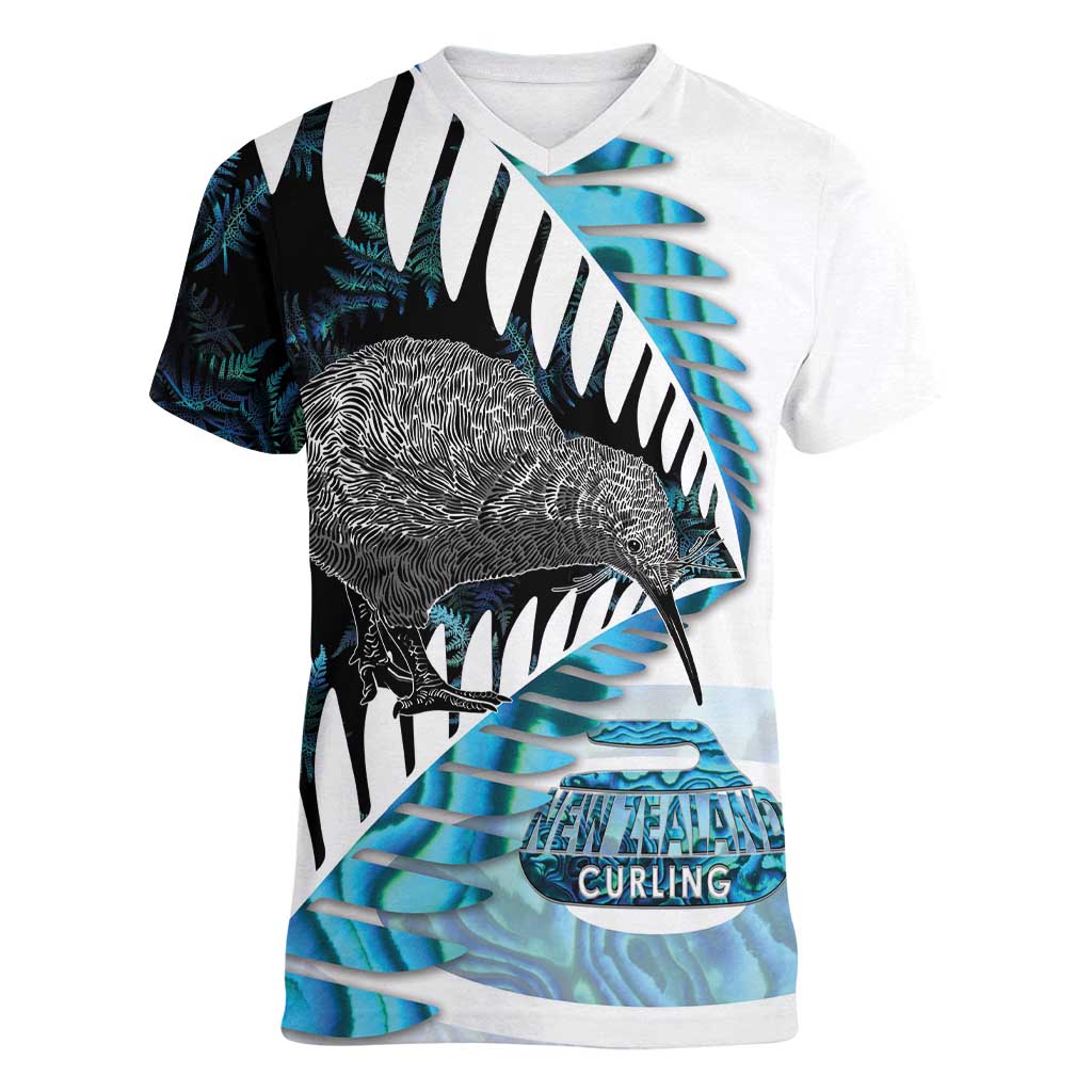 New Zealand Silver Fern Curling Personalised Women V-Neck T-Shirt Aotearoa Kiwi Ponga Paua Shell Version LT14 Female Black - Polynesian Pride