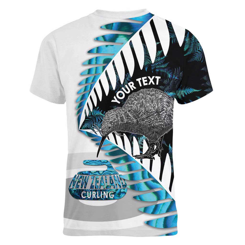 New Zealand Silver Fern Curling Personalised Women V-Neck T-Shirt Aotearoa Kiwi Ponga Paua Shell Version LT14 - Polynesian Pride