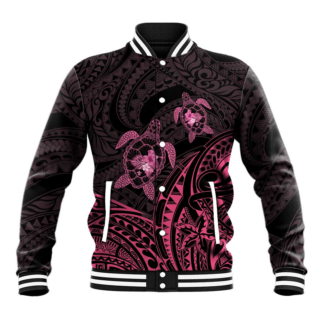 Pink Black Polynesia Floral Sea Turtle Baseball Jacket - Polynesian Pride