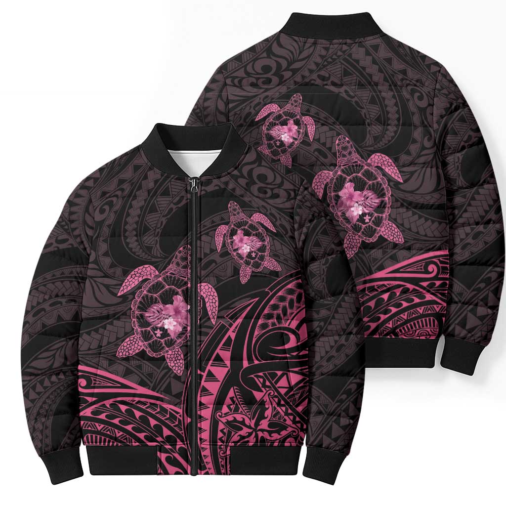Pink Black Polynesia Floral Sea Turtle Bomber Puffer Jacket - Polynesian Pride