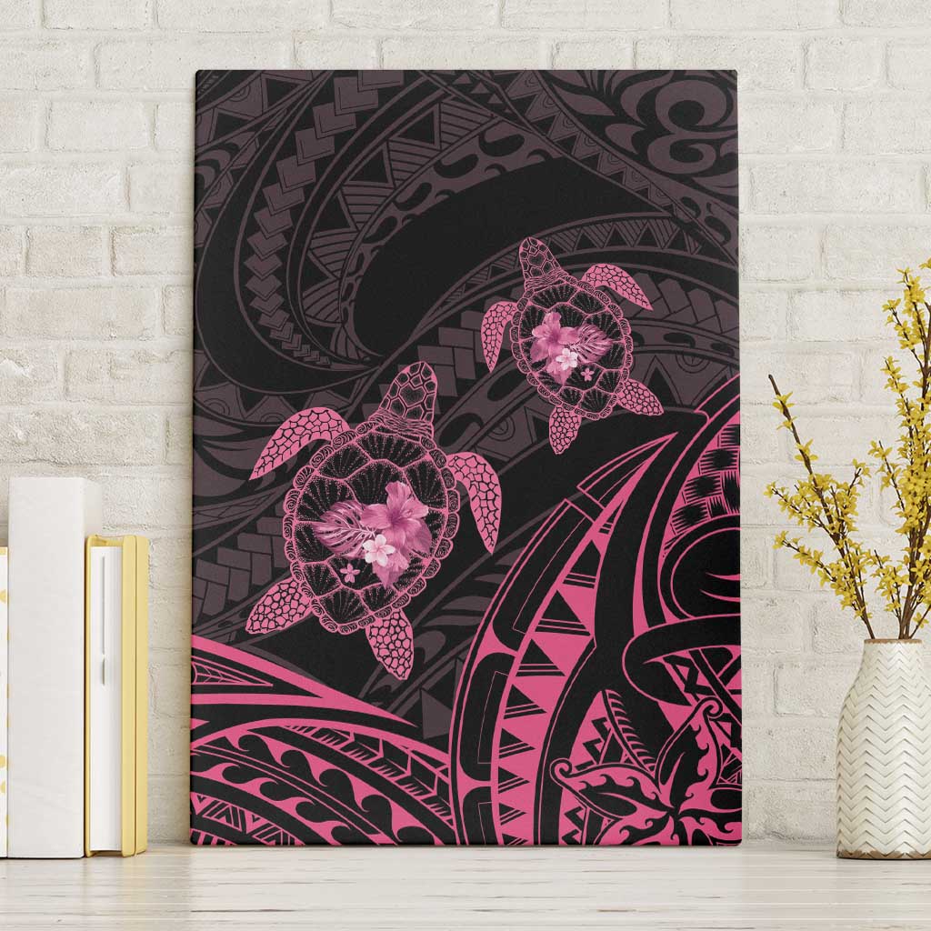 Pink Black Polynesia Floral Sea Turtle Canvas Wall Art - Polynesian Pride