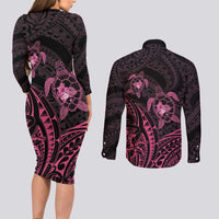 Pink Black Polynesia Floral Sea Turtle Couples Matching Long Sleeve Bodycon Dress and Long Sleeve Button Shirt - Polynesian Pride