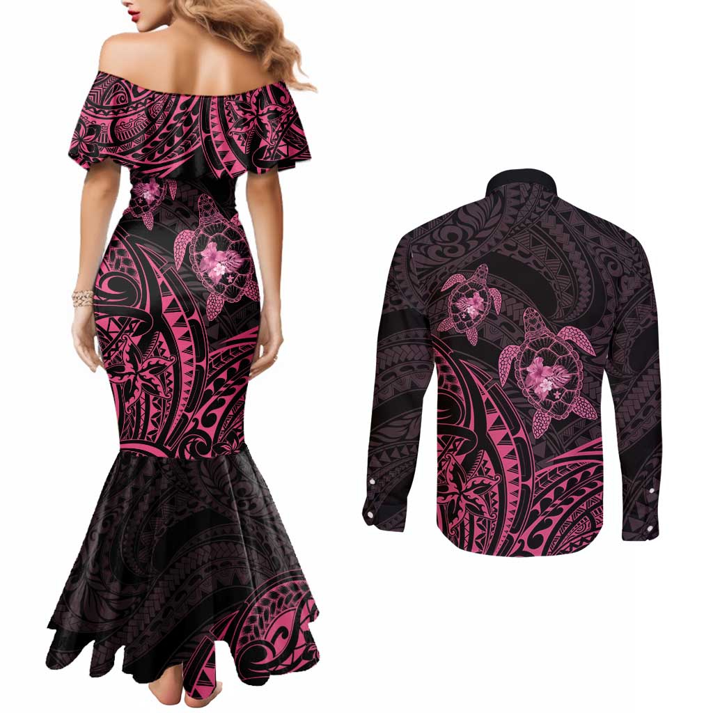 Pink Black Polynesia Floral Sea Turtle Couples Matching Mermaid Dress and Long Sleeve Button Shirt - Polynesian Pride