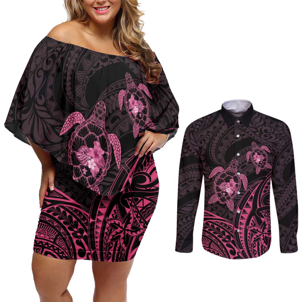 Pink Black Polynesia Floral Sea Turtle Couples Matching Off Shoulder Short Dress and Long Sleeve Button Shirt - Polynesian Pride