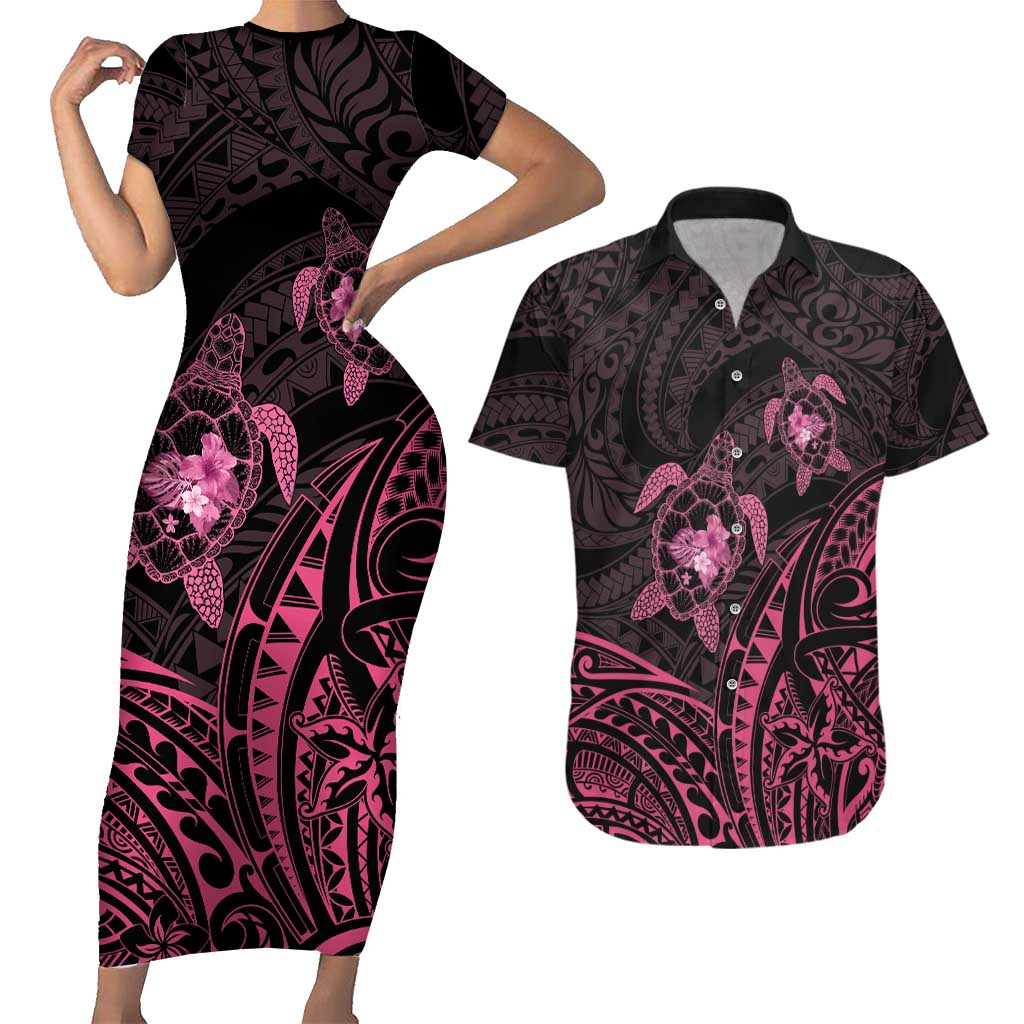 Pink Black Polynesia Floral Sea Turtle Couples Matching Short Sleeve Bodycon Dress and Hawaiian Shirt - Polynesian Pride