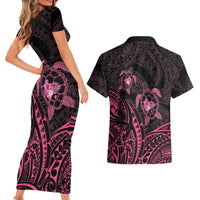 Pink Black Polynesia Floral Sea Turtle Couples Matching Short Sleeve Bodycon Dress and Hawaiian Shirt - Polynesian Pride