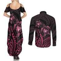 Pink Black Polynesia Floral Sea Turtle Couples Matching Summer Maxi Dress and Long Sleeve Button Shirt - Polynesian Pride