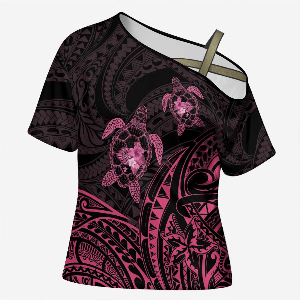 Pink Black Polynesia Floral Sea Turtle Cross Shoulder Shirt - Polynesian Pride