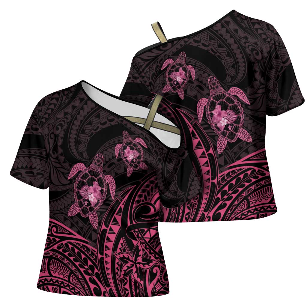 Pink Black Polynesia Floral Sea Turtle Cross Shoulder Shirt - Polynesian Pride