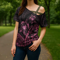 Pink Black Polynesia Floral Sea Turtle Cross Shoulder Shirt - Polynesian Pride