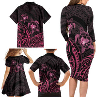 Pink Black Polynesia Floral Sea Turtle Family Matching Long Sleeve Bodycon Dress and Hawaiian Shirt LT14 - Polynesian Pride