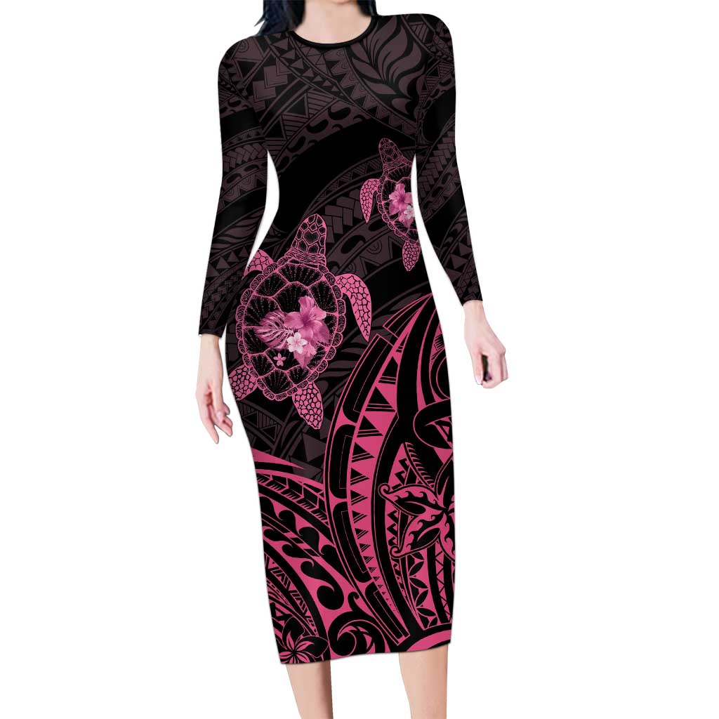 Pink Black Polynesia Floral Sea Turtle Family Matching Long Sleeve Bodycon Dress and Hawaiian Shirt LT14 Mom's Dress Black - Polynesian Pride
