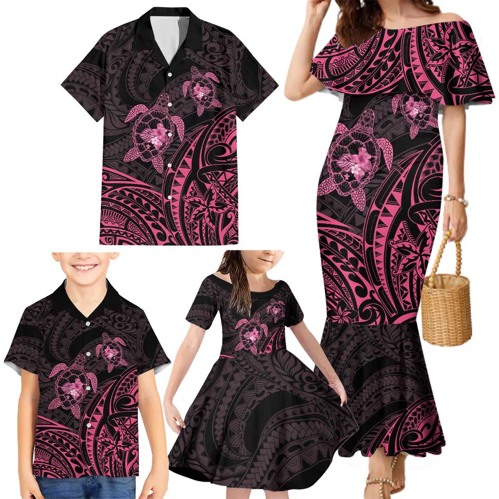 Pink Black Polynesia Floral Sea Turtle Family Matching Mermaid Dress and Hawaiian Shirt - Polynesian Pride