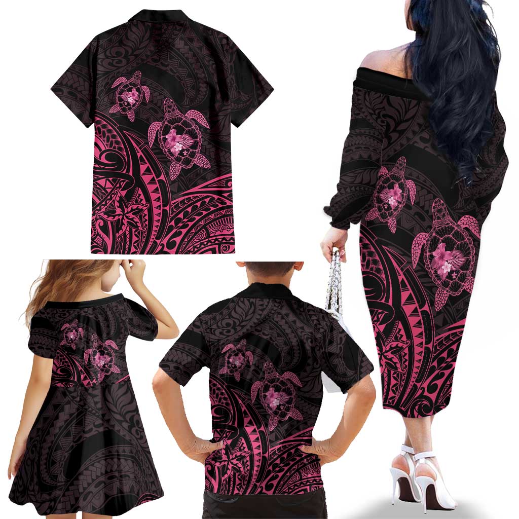 Pink Black Polynesia Floral Sea Turtle Family Matching Off The Shoulder Long Sleeve Dress and Hawaiian Shirt LT14 - Polynesian Pride