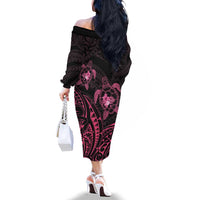 Pink Black Polynesia Floral Sea Turtle Family Matching Off The Shoulder Long Sleeve Dress and Hawaiian Shirt LT14 - Polynesian Pride