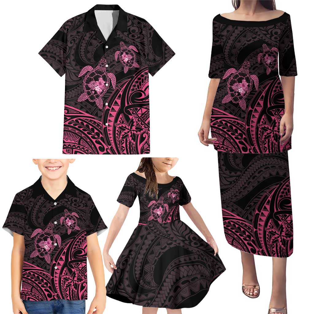 Pink Black Polynesia Floral Sea Turtle Family Matching Puletasi and Hawaiian Shirt - Polynesian Pride