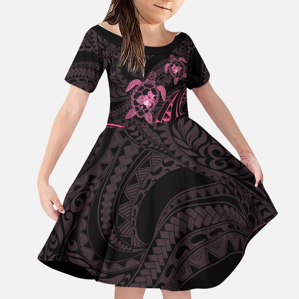 Pink Black Polynesia Floral Sea Turtle Family Matching Short Sleeve Bodycon Dress and Hawaiian Shirt LT14 Daughter's Dress Black - Polynesian Pride